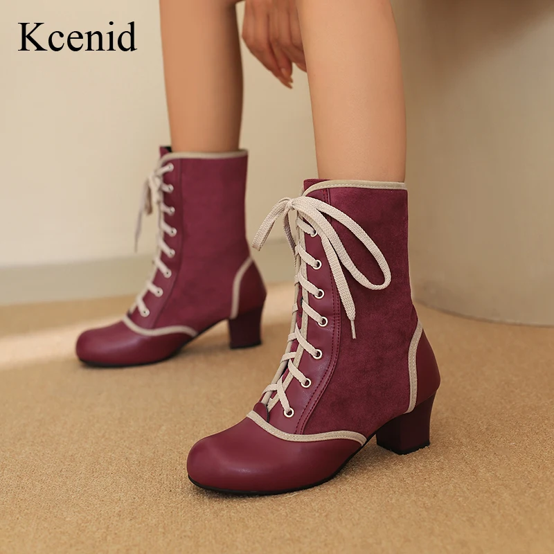 

Kcenid New Women Mid Calf Boots Round Toe Block Heels 5.5cm Lace Up Plus Size 46 47 48 Leisure Daily Bota Retro Shoes Woman