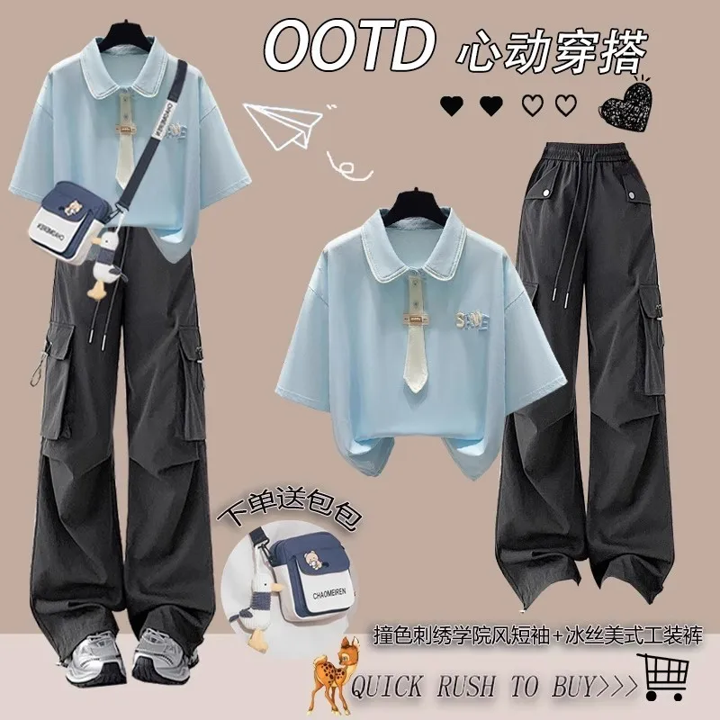 College Style Summer Suit 2026 New Korean Version Short Sleeved Top Casual Pants Two-piece Set