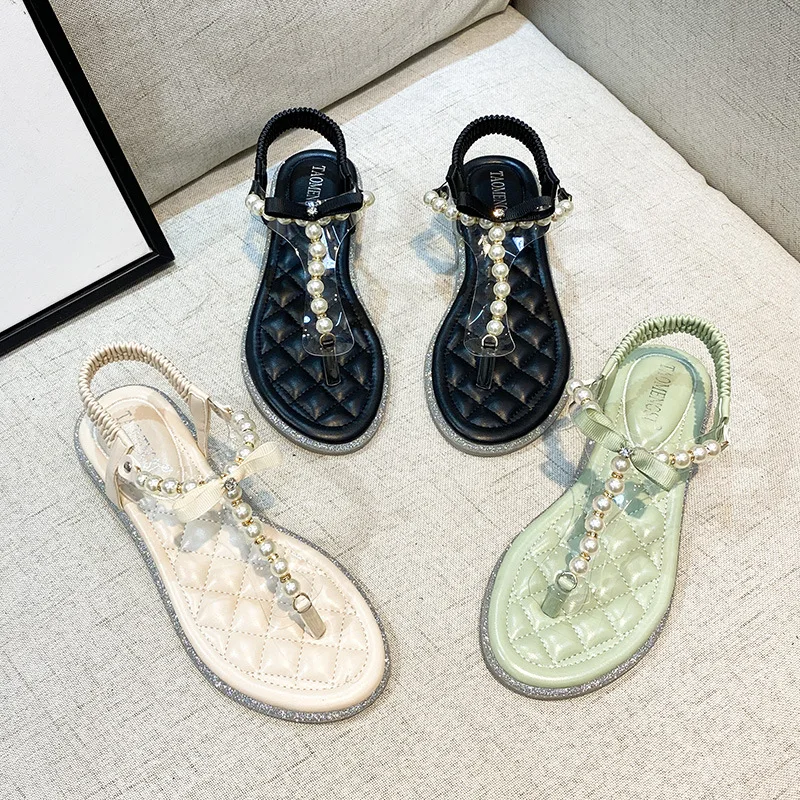 

Летние модные новые жемчужные тапочки с клипсой и блестящими бриллиантами, универсальные сандалии на плоской подошве для женщин