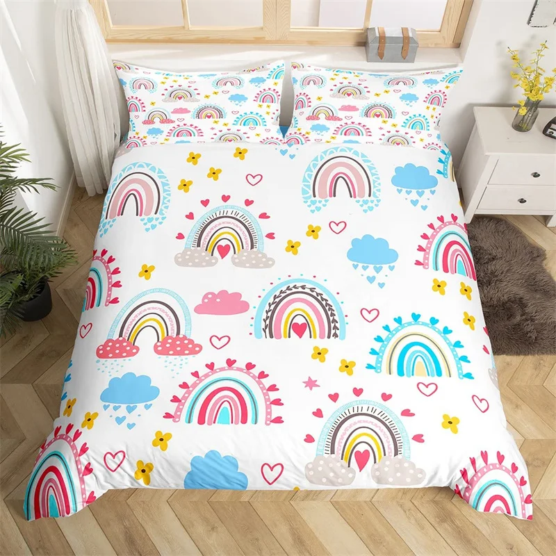 

Girls Rainbow Duvet Cover King Queen Cartoon Rainbow Bedding Set Microfiber Lovely Colorful Stripes Comforter Cover Room Decor