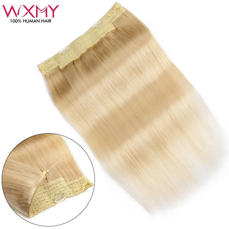 Human Hair Extensions Clip In Hair Long Straight Fish Line With Clip One Piece Halo Hair Extensions Remy Human Hair Blonde Color