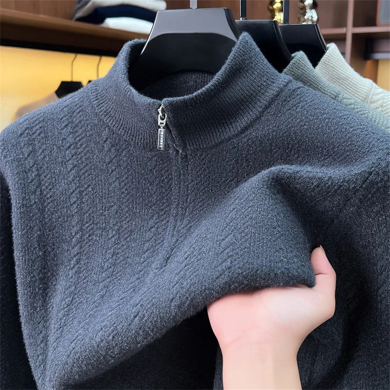 Trend luxury jacquard stand collar sweater men's comfort knit solid color autumn winter thicken warm casual half zipper pullover