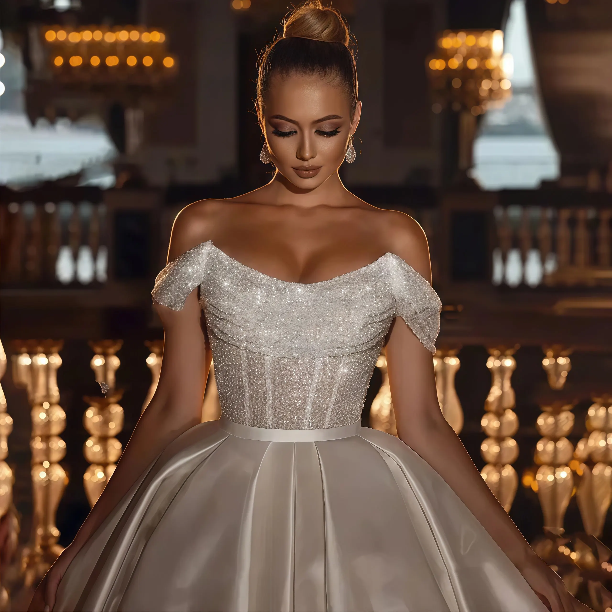 Customized Luxurious Arabic Off the Shoulder Wedding Dresses 2026 Sequins Beads Princess Women's Bride Gowns Satin Robe