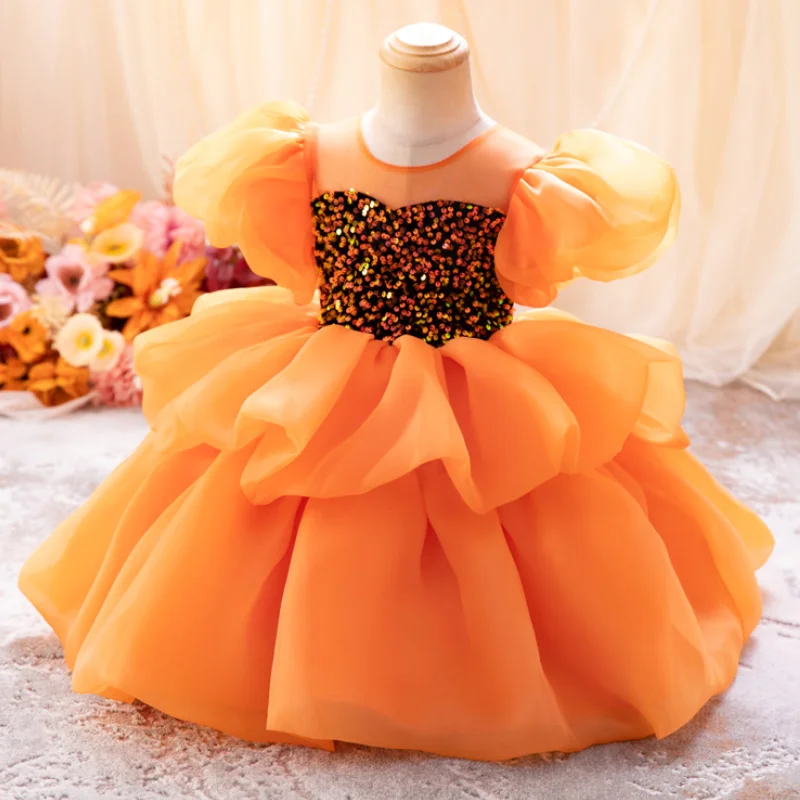 Girl\'s New Mesh Bubble Sleeves Sequin Fluffy Skirt Birthday Party Wedding Flower Girl School Stage Drama Performance Dress