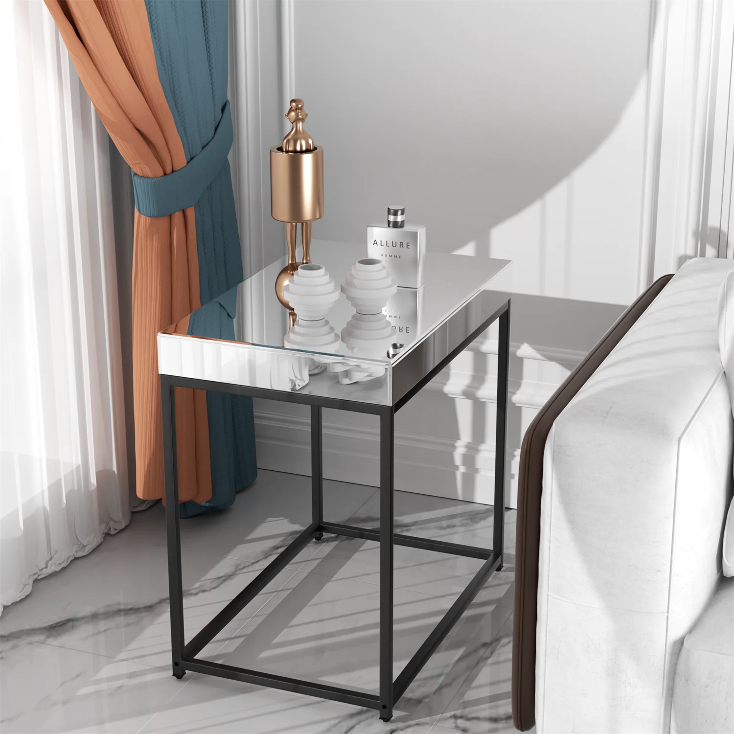 Modern Mirrored End Table, Narrow Slim Side Table, Nightstand with Silver Mirror, Glass Tabletop, Open Shelf