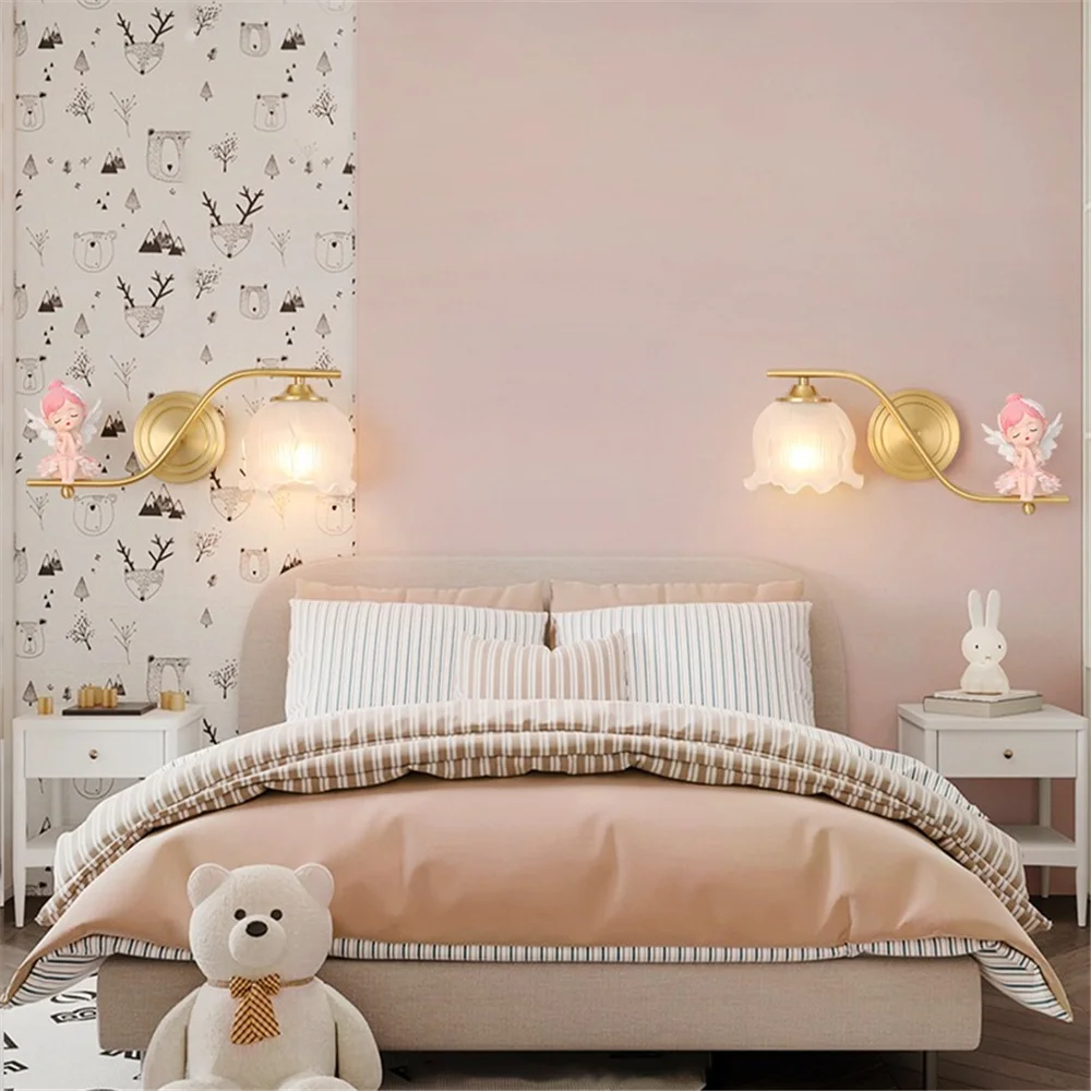Girl Princess Style Iron Art Glass Resin Led Wall Lamp Romantic Home Decor Living Room Aisle Hallway