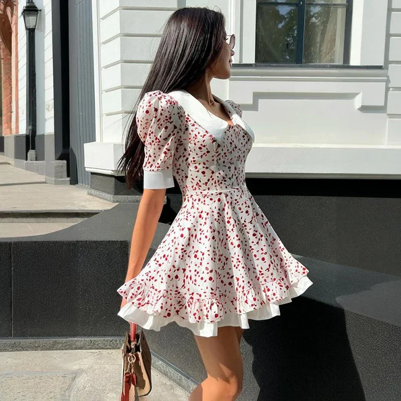 

Flower Print Mini Dress Women Puff Short Sleeve Ruffled Splice Dress Fashion High Waist 2025 New Vacation Party Dress