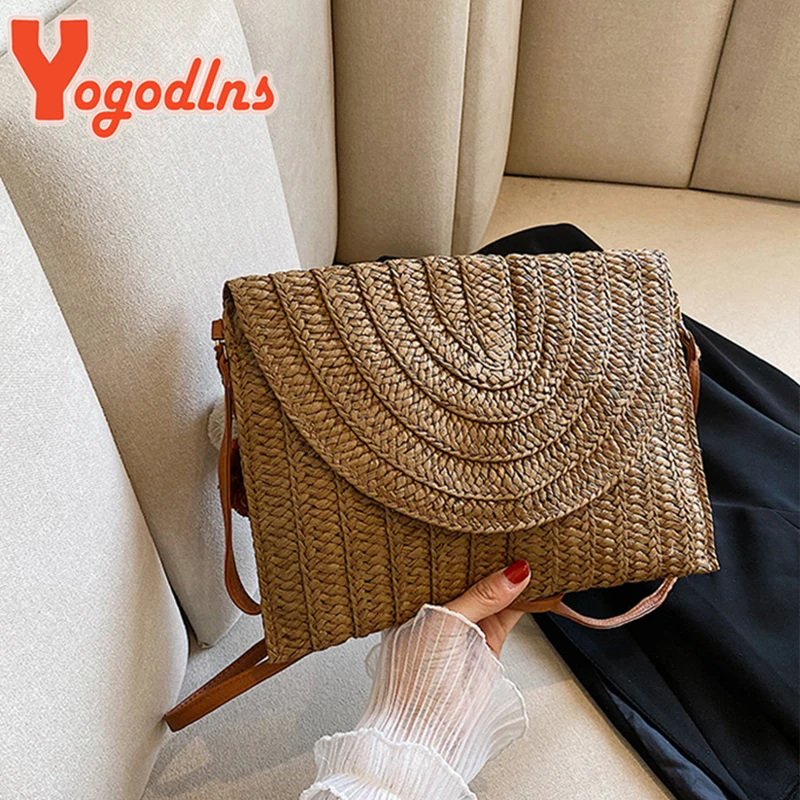 Yogodlns Summer Envelope Straw Bag For Women Fashion New Beach Bag Bohemian Style Shoulder Crossbody Bag Braided Handbag clutch