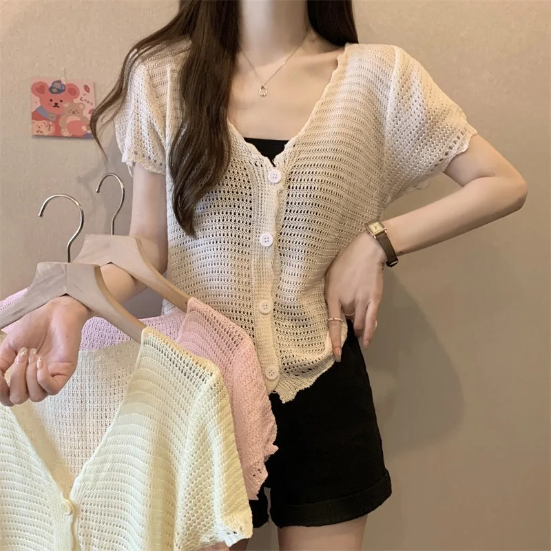 V-Ne ort Sve Hollow Ice Silk Knitted Cardigan Korean Sle Pink Gentle Top with Strap Skirt Cover up Summer Faion
