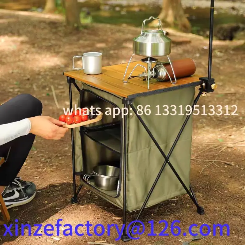

Customizable Outdoor Camping Cooking Cupboard Aluminum Alloy Folding Table Storage Organizer Double Picnic Table