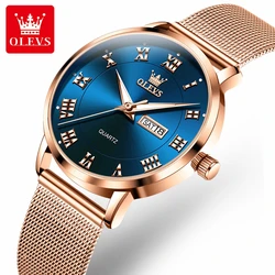 OLEVS 2920 Original Women's Watches Simple Classic Dual Calendar Top Brand Elegant Rose Gold Mesh Strap Quartz Watch for Women