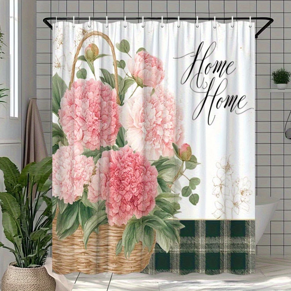 

1 занавеска для душа в винтажном стиле с розовой пионом, дизайн пышного пиона и зелени, полиэфирная ткань, можно стирать в машине