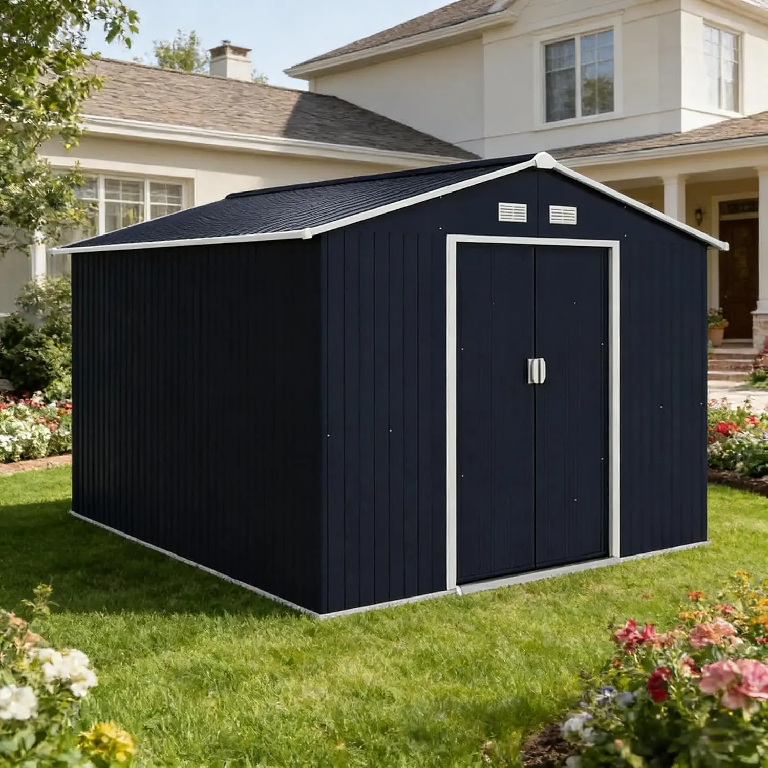 Galvanized Steel Garden Shed Outdoor Storage Sliding Door Ventilation Easy Assembly Foundation Kit, Customized