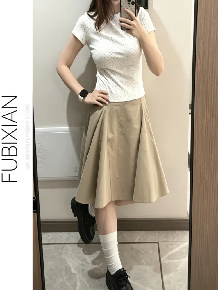 

Khaki A-Line Skirt 2026 New Summer Elegant Casual Simple Commute Design Sense Women's Skirt High Waist Cotton Blend