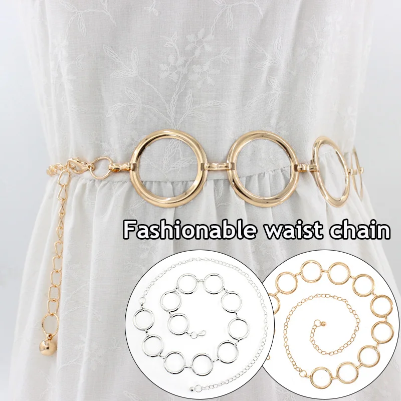 Fashion Women Circle Metal Chain Belt Ladies Geometric Long Belly Waist Chain Belt for  Party Dress Belt Silver Gold Waistband