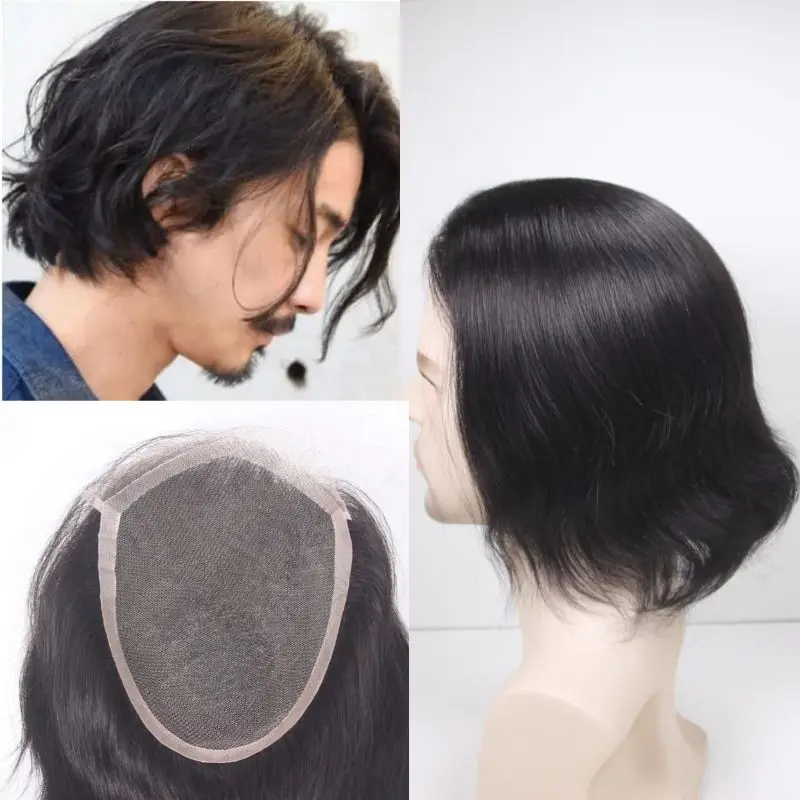 

Pwigs Мужские волосы Парик 5x7 дюймов Размер основания Европейские 100% человеческие волосы # Цветное кружево 1B с системой замены волос на основе ПУ 9-10 дюймов