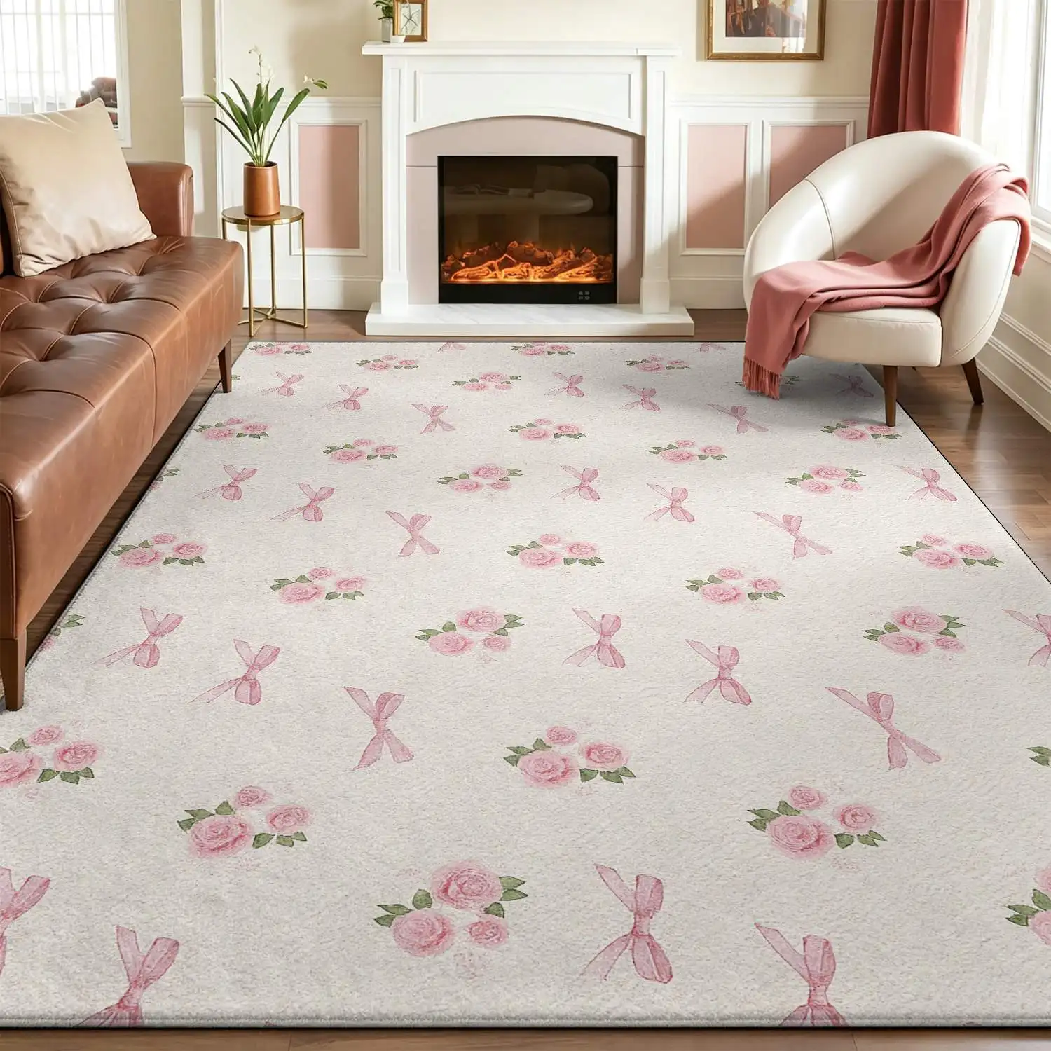 1Pc 2D Printed Pink Flower Nordic/Instagram-Style Modern Minimalist European Carpet, Home Decor Floor Mat, Multi-Size, Machine Washable, for Entrance, Dining Room, Foyer, Bedroom, Living Room