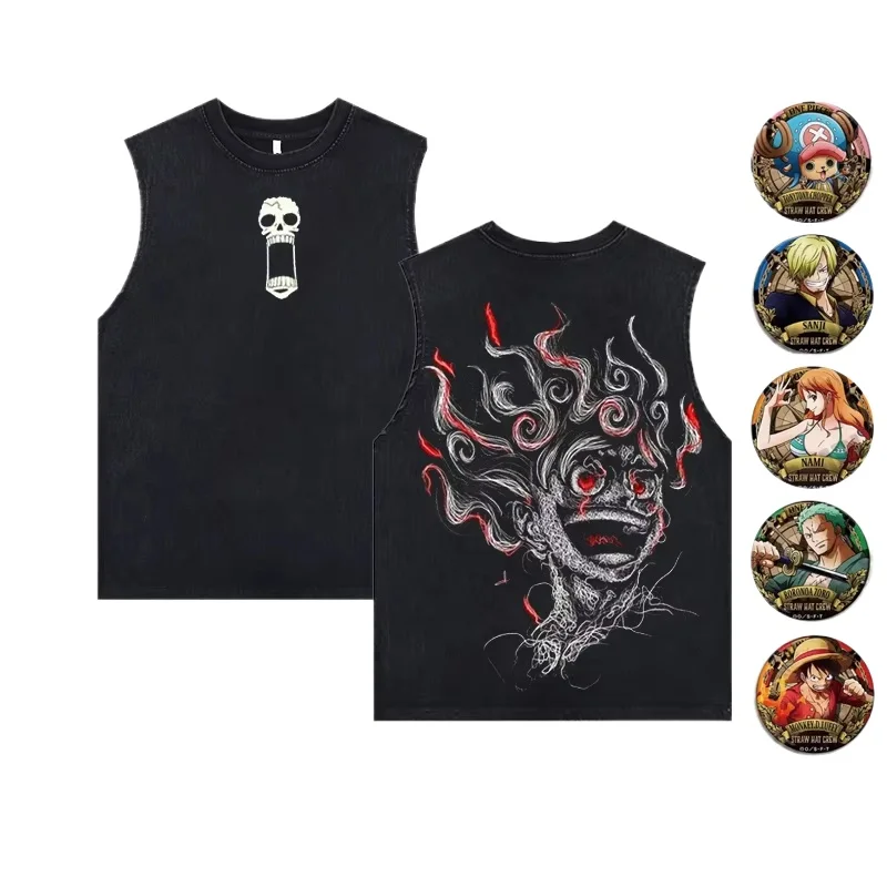 

Мужская винтажная майка Luffy Gear 5 из хлопка с эффектом потертости, повседневная безрукавка с аниме-принтом