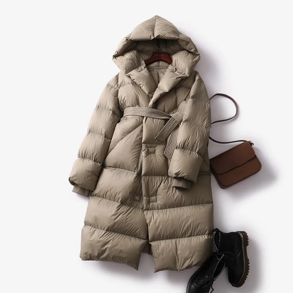 New Puffer Jacket White Duck Down Winter Solid Thick Warm Female Sashes Tie Up Over Women The Knee Coat Fashion Oversize Hooded