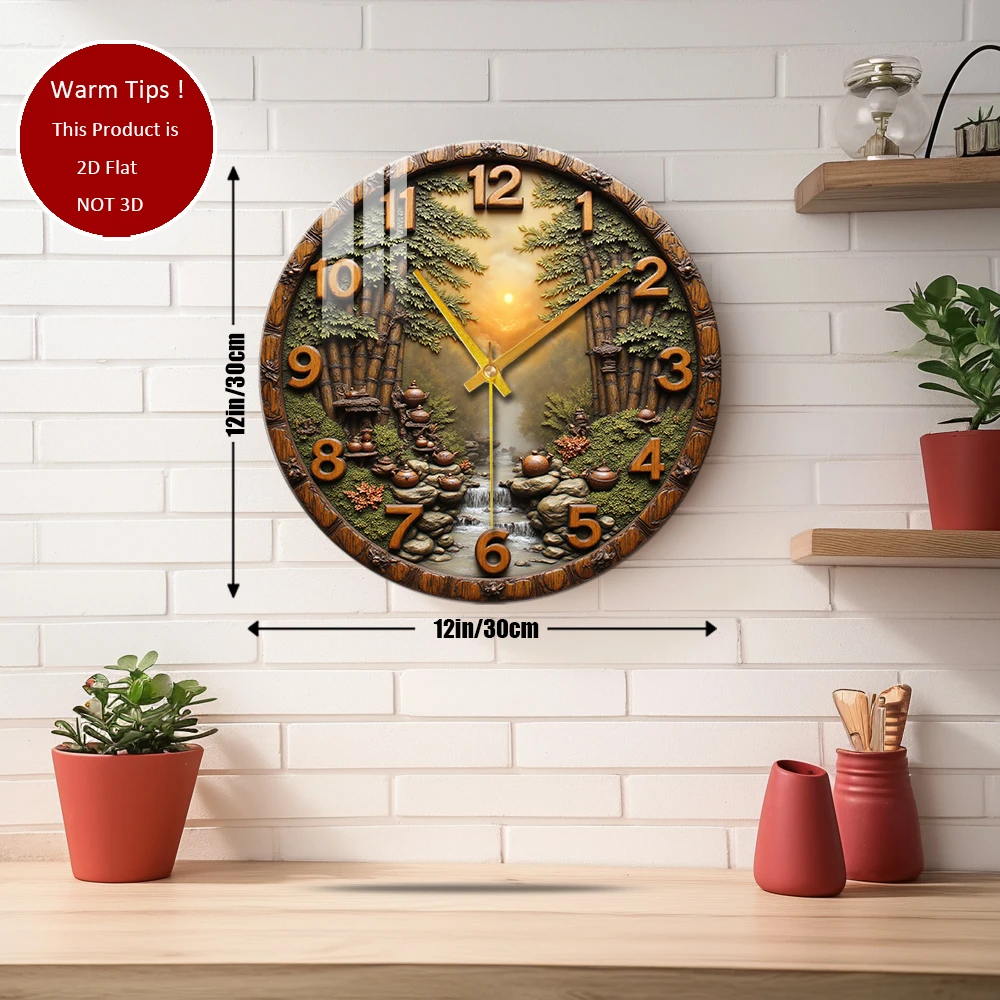 Tempered Glass Wall Clock Wooden Carving Bamboo Stream Teapots Sunset Suitable For Wall Decor or Tabletop Display Anywhere