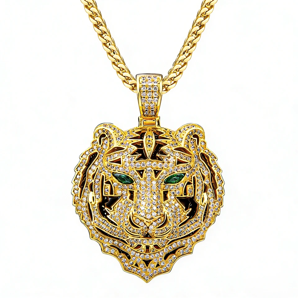 

VANAXIN Hip-Hop Iced Out Zircon Green-Eyed Big Tiger Head Pendant Beast Animal Necklace Men Women Jewelry Gift