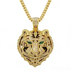 VANAXIN Hip-Hop Iced Out Zircon Green-Eyed Big Tiger Head Pendant Beast Animal Necklace Men Women Jewelry Gift