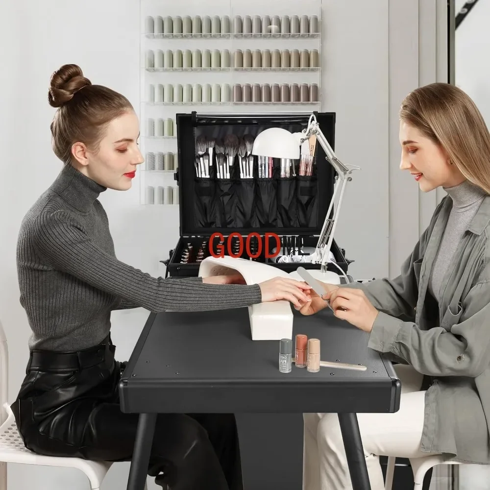 Joligrace Rolling Manicure Table Makeup Case Foldable Nail Desk 5 Drawers Cosmetology Case on Wheels with Brush Pouch