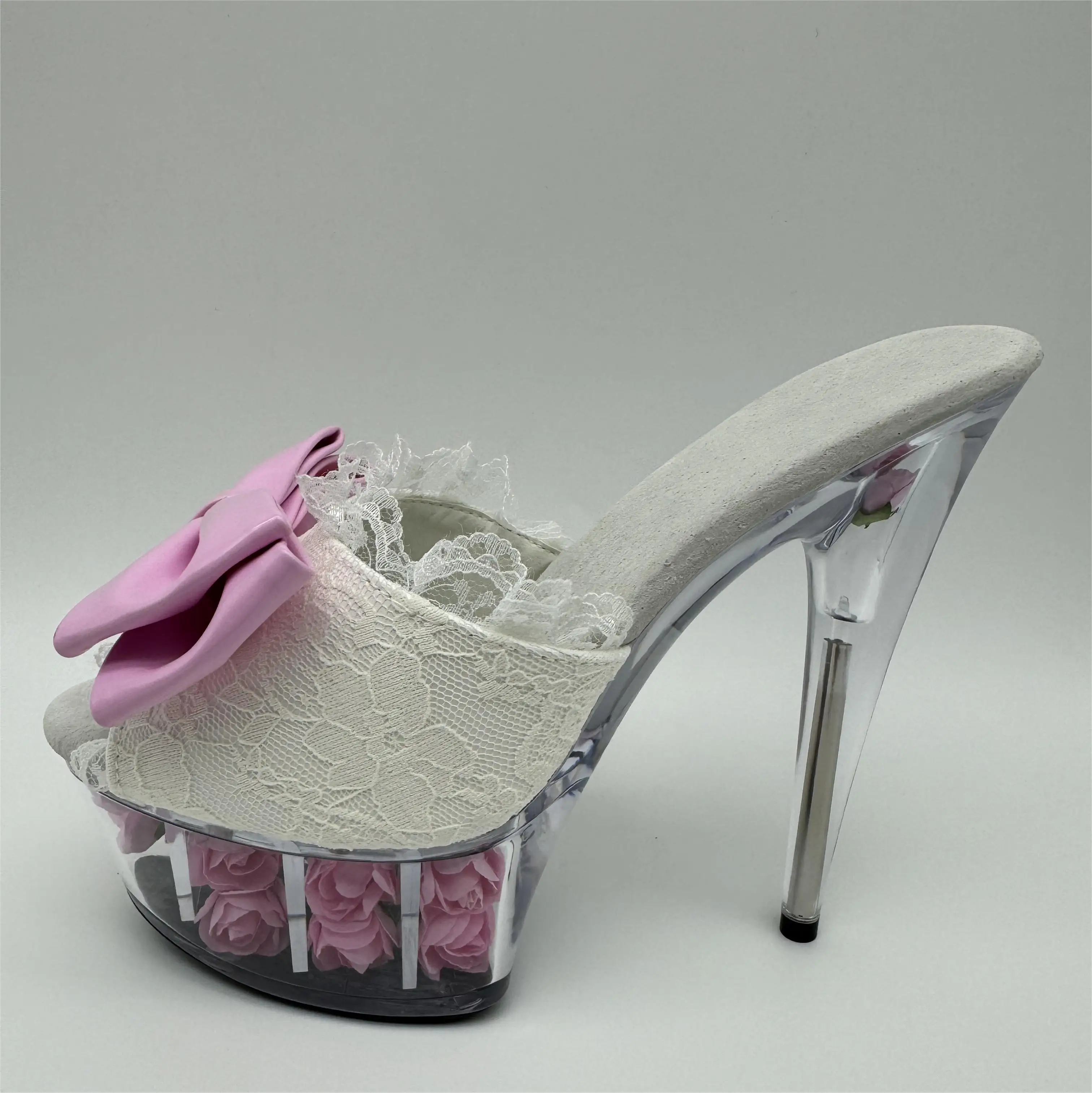 15cm high heel rose decoration platform, bow sexy sandals transparent 6 inch crystal Sandals