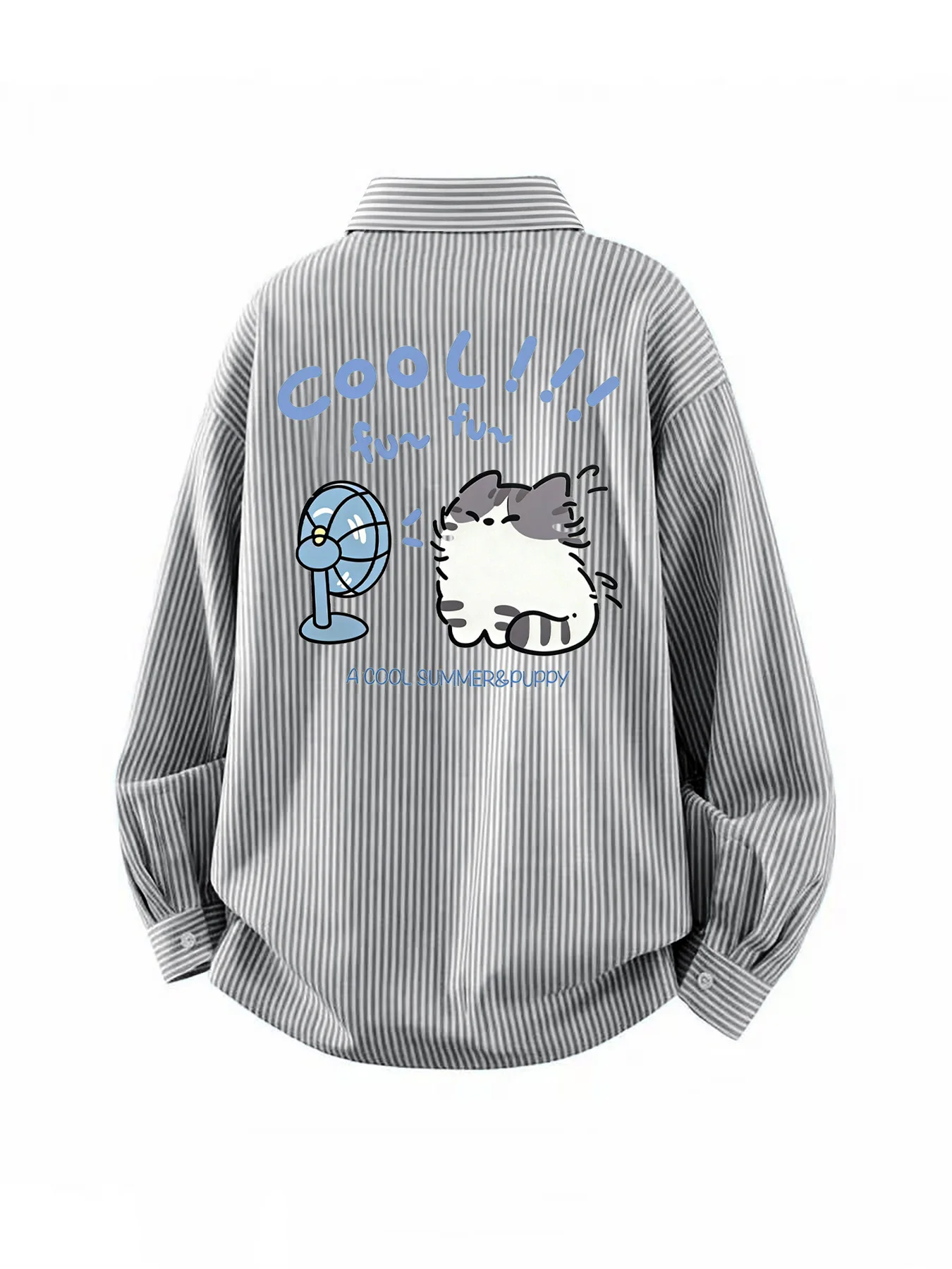 

Spring and autumn trendy men's new cartoon kitten fan-blowing back pattern long-sleeve casual versatile shirt