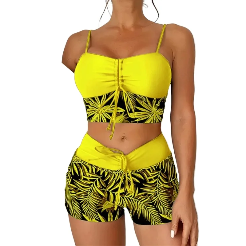 High Waist Bikini Women Vintage Floral Print Pleate Drawstring Push Up Patchwork Swimsuit 2026 Large Size Bathing Suit Swimwear