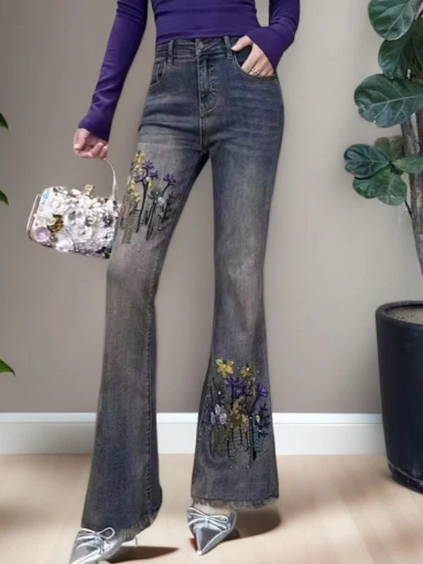 

Fashionable Embroidered Flower High Waist Slim Fit Bell Bottom Jeans Rhinestone Decorated Women's Casual High Waist Jeans
