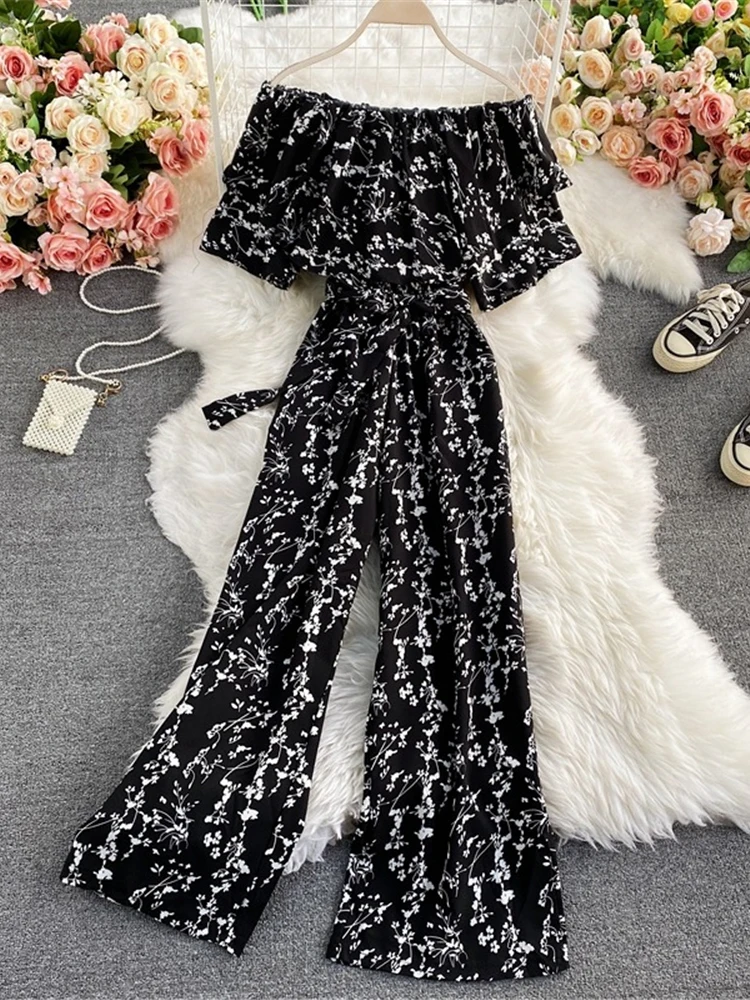 Summer Women Sexy Slash Neck Off Shoulder Jumpsuits Elegant Floral Printed Ruffle Wide Leg Romper Female Casual Clothes New 2024