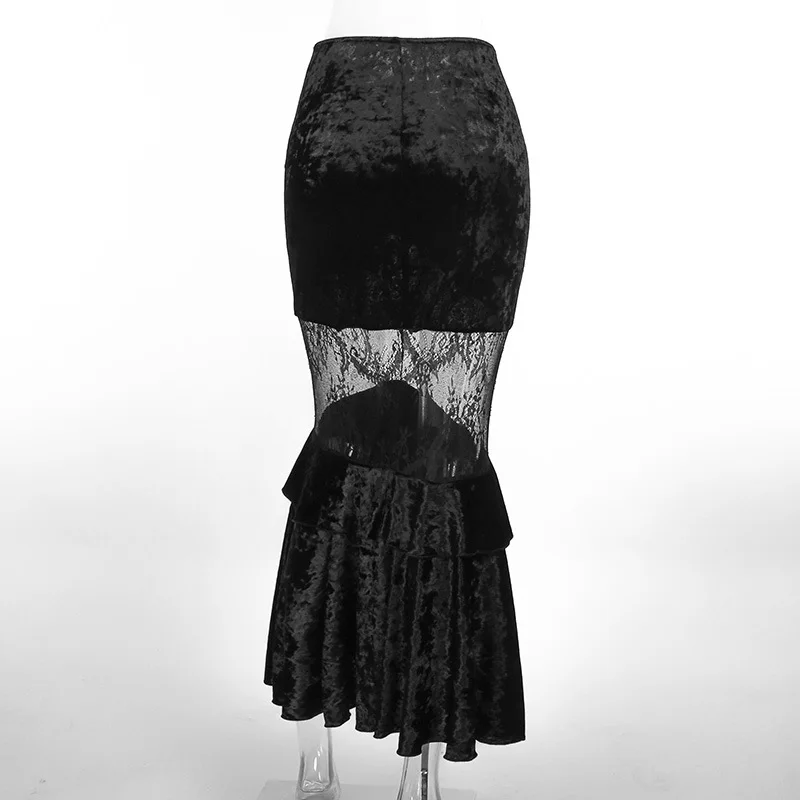 Goth Dark Ruched Vintage Gothic Aesthetic Velvet Skirts Grunge Mesh Splice Sexy Mermaid Skirt Women High Waist Elegant Partywear
