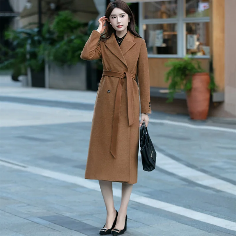 

Новое женское шерстяное пальто до середины икры, осенне-зимний модный костюм с воротником, двубортное шерстяное пальто с тонкой талией и поясом