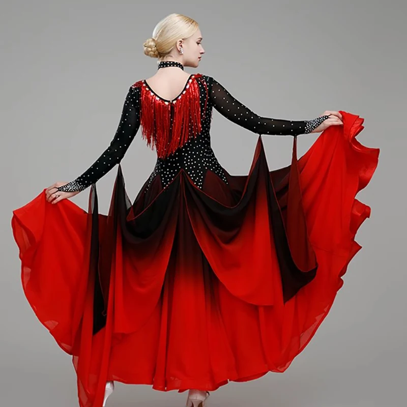 Robe de danse de salon à paillettes pour femmes, robe de valse de compétition, frange Standard nationale, vêtements de danse modernes à manches longues