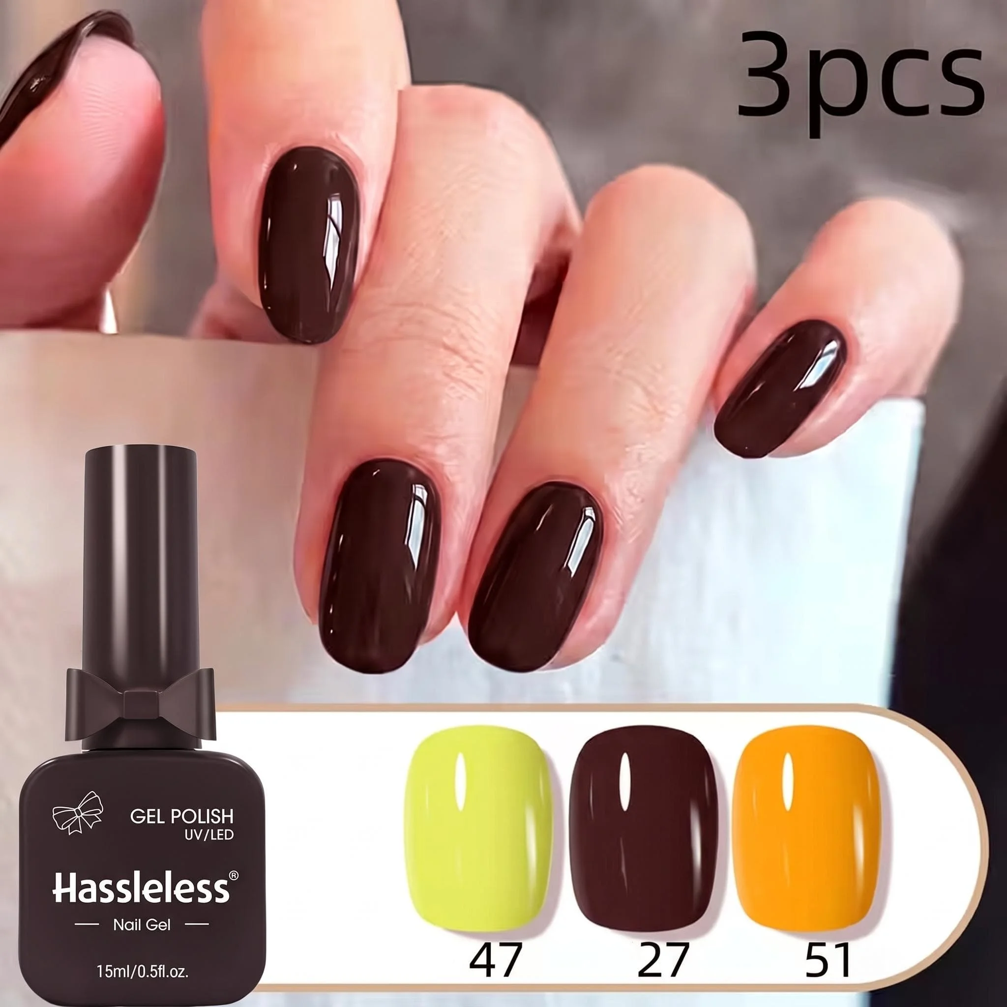 Hassleless 3-Piece Armor Gel Polish Set: Maillard Deep Brown, Fluorescent Yellow, Pumpkin Orange Solid Color Gel Polish, Long-Lasting, High Saturation, Removable, DIY at Home, Nail Art