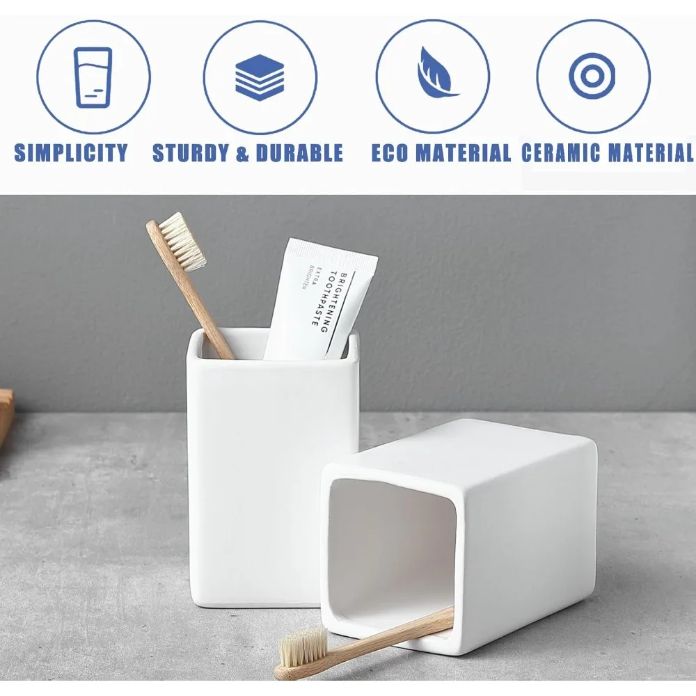 Portaspazzolino per bagni - Set porta dentifricio quadrato in ceramica da 2 tazze, bicchieri da bagno quadrati bianchi