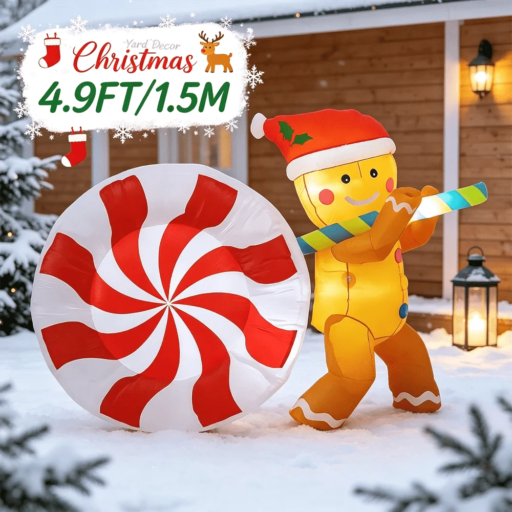 4.9FT Christmas Inflatable Model Gingerbread-man with Candy Outdoor Holiday Yard Art Decoration  for Christmas Festive Carnival
