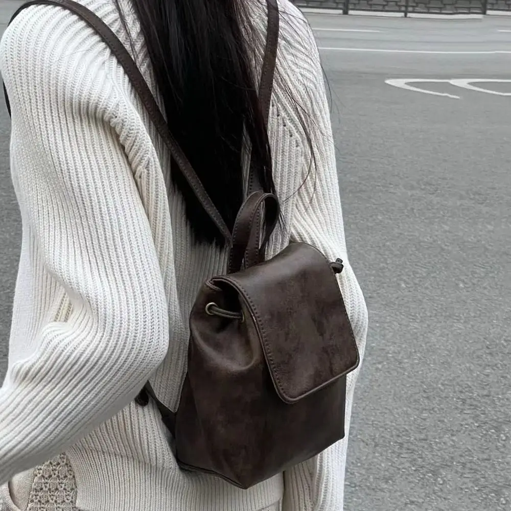 

Cute PU Leather Drawstring Flap Backpack Korean Style Large Capacity School Book Back Retro Fashion Women Shoulder Bag Travel