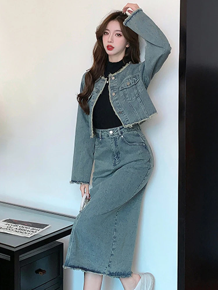 Fashion Elegant Denim 2 Pieces Outfits Women Casual Long Sleeve Tops Coat Jacket Tops Midi Skirt Sets Mujer High Street Clothes