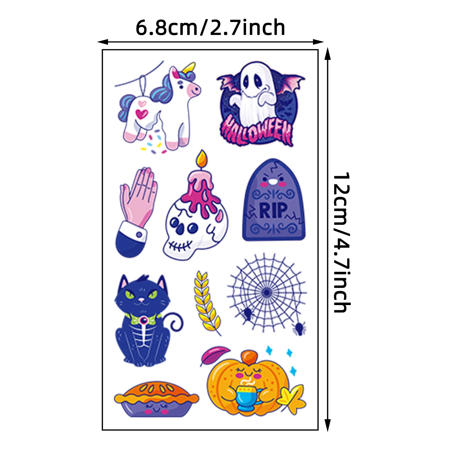 10 أوراق من ملصقات الوشم المؤقت تتميز بـ 110 تصميمًا كرتونيًا لقرع الهالوين والعناكب والخفافيش والزومبي ومصاصي الدماء