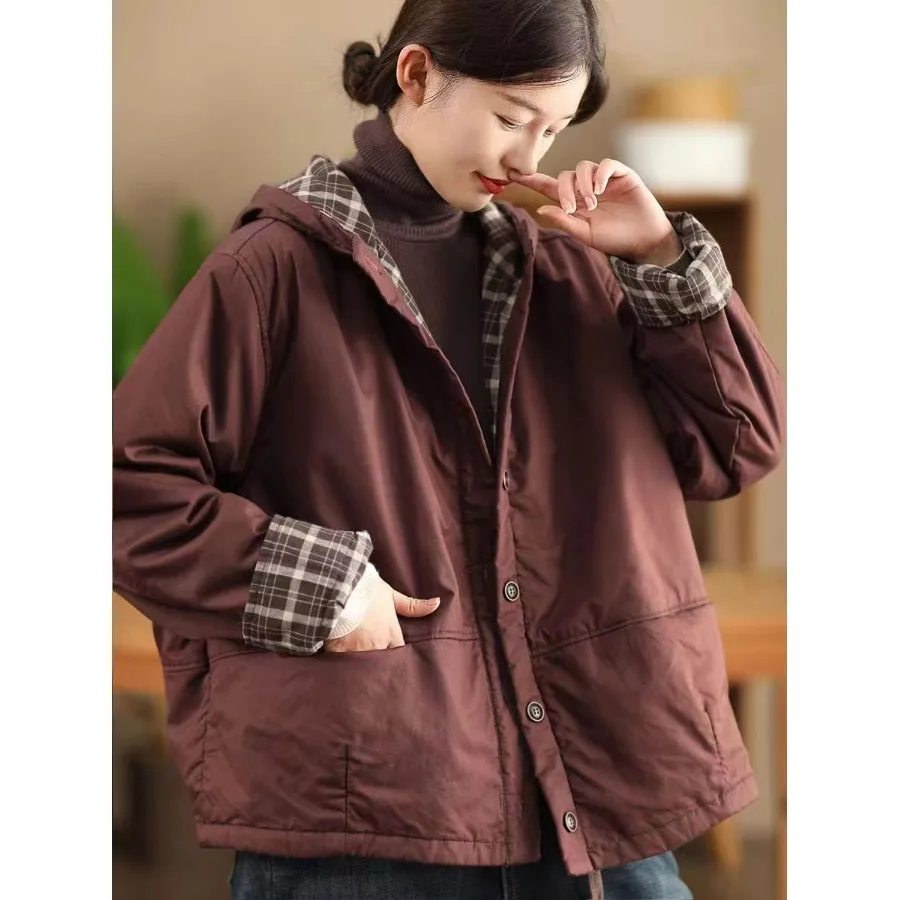 

Retro Hooded Quilted Cotton Jaet Women's Casual Thiened Warm Top Spring Autumn Winter New Sle Comfortable Cotton Coat
