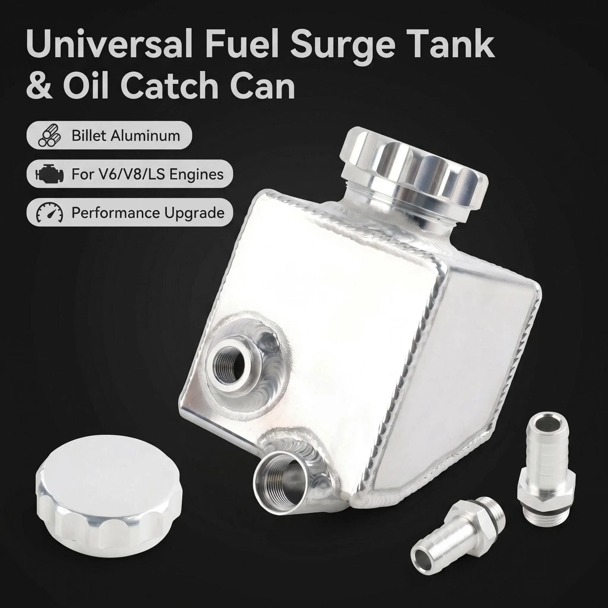 Universal Billet Aluminum Fuel Surge Tank, Dual Port Oil Catch Can with AN6 Fittings, V6/V8/LS1/LS2 Engines, Performance Upgrade