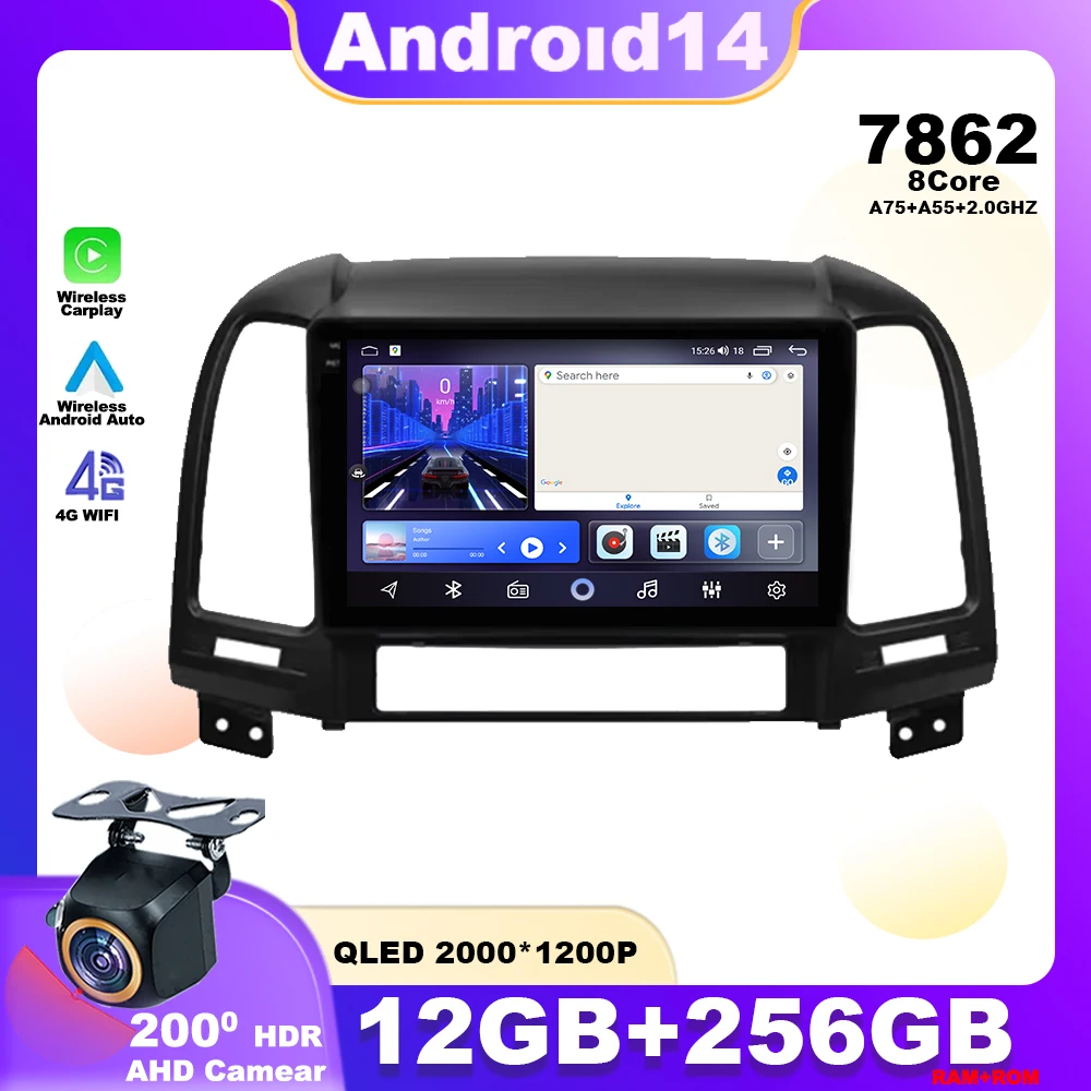 

Android 14 For Hyundai Santa Fe 2 2006 - 2012 Car Radio Multimedia Player Stereo Navigation GPS 4G LET Head Unit QLED Screen BT