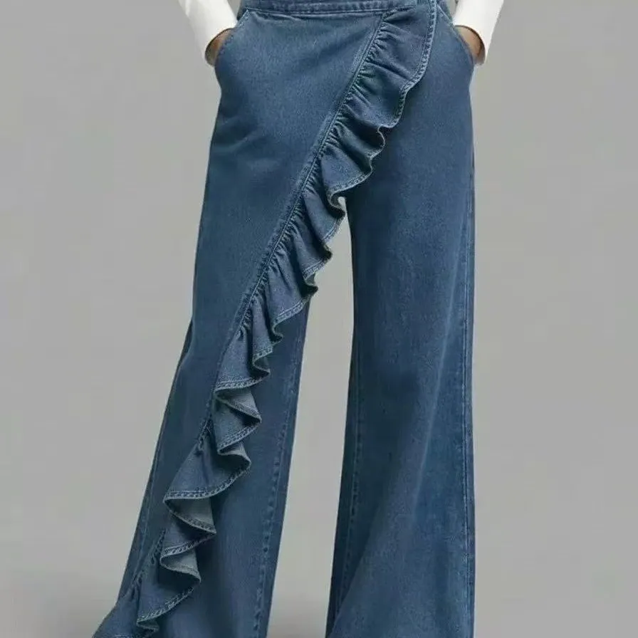 Women's High Waist Wide Leg Pants Asymmetric Ruffle Hem Denim Trousers Vintage Washed Loose Long Jeans 3 Colors