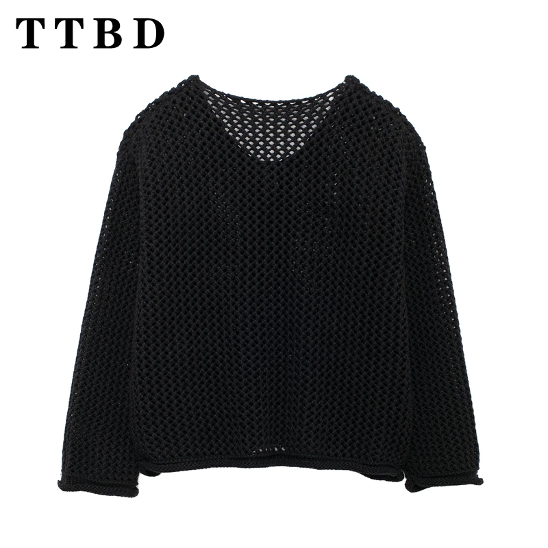 TTBD 2024 New Fall Female Vintage Solid Cardigan Women Chic Round Neck Long Sleeve Sweater Jacket Casual Knit Coat Fashion Top