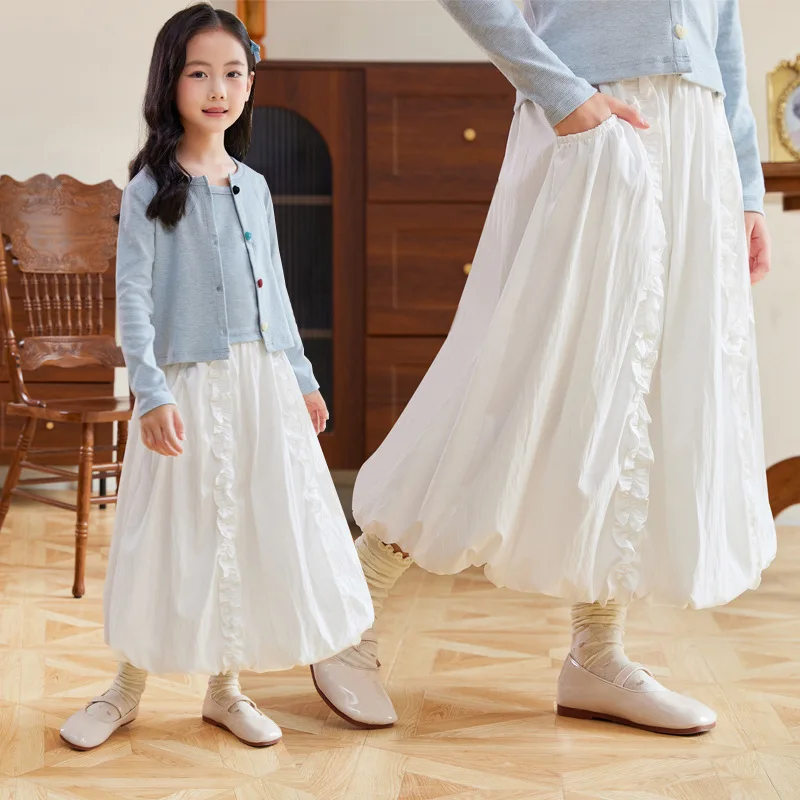 Elegant Girl Skirt Long Tween Girls Ruffle Midi Skirt with Pocket A-Line Skirts Teen Kids Clothes Big Size Teenager Outfits