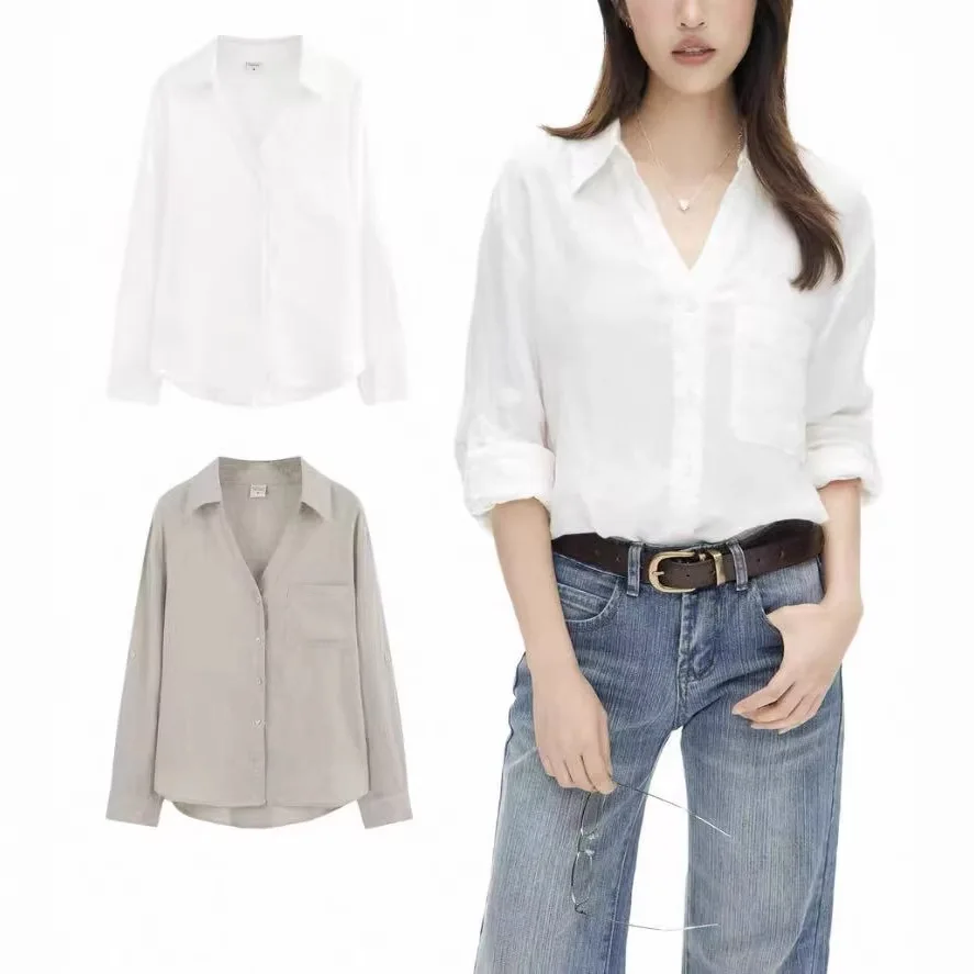 

2026 New Simple Versatile V-Neck Solid Color Long Sleeve Women Shirt Commute Style Fashion Leisure Women Top