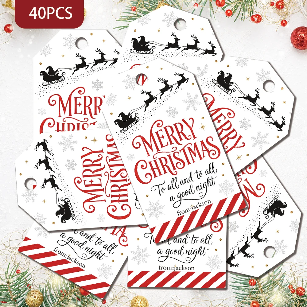 40Pcs Custom Text Christmas Gift Tags, Santa Sleigh Reindeer Snowflake Hanging Labels,with Jute Rope
