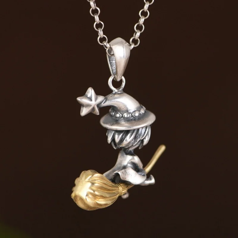 BOCAI S925 Sterling Silver Charms Pendants for Women Men Fashion Flying Magic Golden Broom Witch Amulet Jewelry